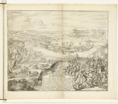 Retreat av hertigen av Parmas armé, 1592 La grande retreat du duc de Parme (titel på objektet) Guerres de Flandres (serietitel) av Romeyn de Hooghe