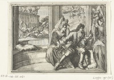 Titelsida för broschyren: The Bump in the Guard, on the Haasejagt, 1702 The Bump in the Guard, på Haasejagt (titel på objekt) Esopus in Europe (serietitel) av Romeyn de Hooghe