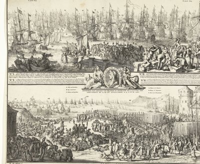Vilhelm III:s resa till England, 1688 Avgång av S.K.H. efter England, den 11. Nov. 1688 / Ankomst av S.K.H.D.P. av Orange i England, den 15:e och 16:e nov. 1688 (titel på objekt) Institutionen för S.A.R. pour Angleterre, Le 11. No. 1688 / Arrival de S.A av Romeyn de Hooghe