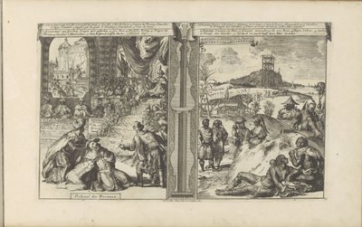 Tribunaal i Perzie; Khoikhoi i Guineers Persernas domstol // Hottentots in Guineesche / Hottentots and Inhabitants of Guinea (titel på objektet) Öst- och Västindien och andra platser (serietitel) av Romeyn de Hooghe