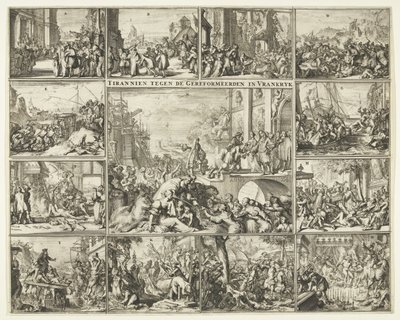Förföljelse av protestanter i Frankrike efter upphävandet av ediktet av Nantes, 1685-1686 Tyrannier mot de reformerte i Frankrike (titel på objekt) av Romeyn de Hooghe