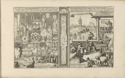 Vuurwerk i musik Konst vyeren / Fireworks of the Tartars // Musick en Speelinstrumenten / Musical Instrument of Different People (titel på objekt) Öst- och Västindien och andra platser (serietitel) av Romeyn de Hooghe