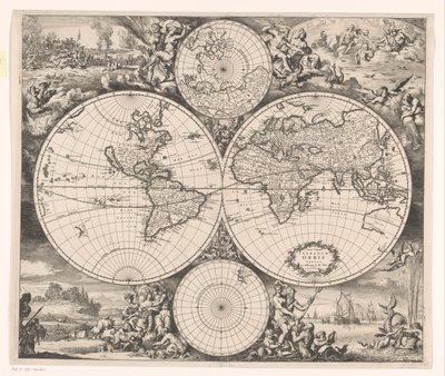 Världskarta med en allegori över de fyra elementen Nova totius terrarum orbis tabula (titel på objekt) av Romeyn de Hooghe