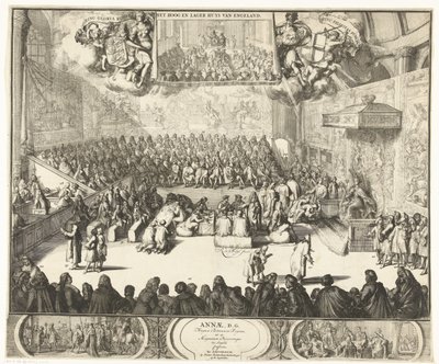 Zitting van het Lagerhuis met koningin Anna op de troon, 1702 Anne, D.G. Drottningen av Storbritannien, såväl som de stora prinsarna av England bekände (titel på objektet) av Romeyn de Hooghe