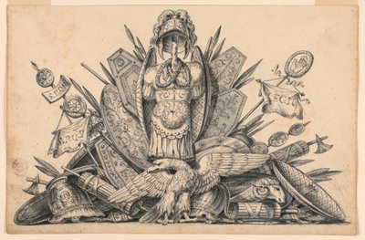 Teckning, En vapentrofé avsedd att utföras i måleri, 1830-1850 av Romolo Achille Liverani