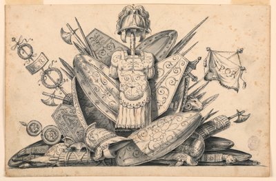Teckning, Vapentrofé, 1830-1850 av Romolo Achille Liverani