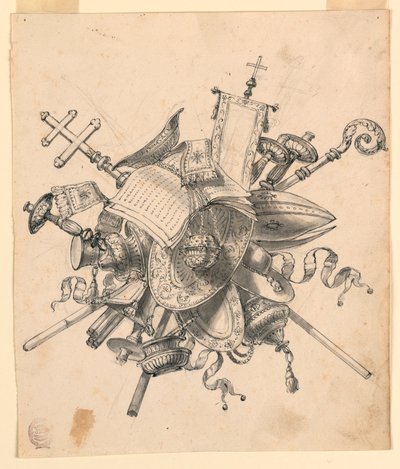 Teckning, Trofé med kyrkliga föremål, 1830-1850 av Romolo Achille Liverani