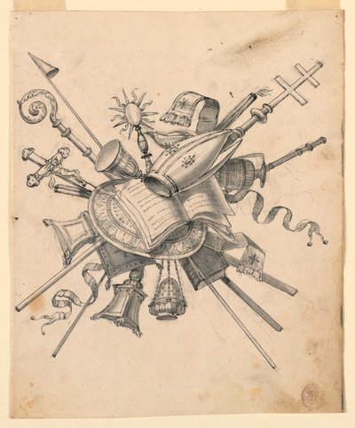 Teckning, Trofé med kyrkliga föremål, 1830-1850 av Romolo Achille Liverani