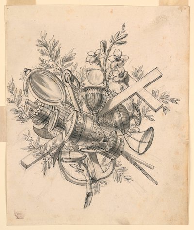 Teckning, Trofé med symboler för dygderna, 1830-1850 av Romolo Achille Liverani