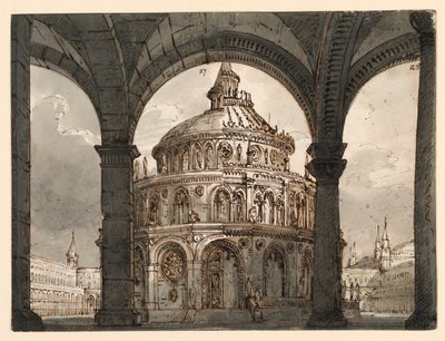 Scenografi, Atrium med Hospitallernas tempel för Operan "La Straniera" av Vincenzo Bellini av Romolo Achille Liverani