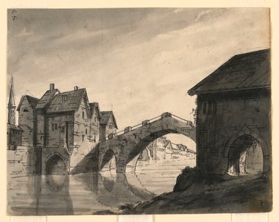 Scenografi, bro över floden i en stad av Romolo Achille Liverani