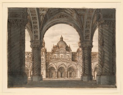 Scenografi, kyrkfasad från en loggia, I due Valdomiri av Felice Romani, musik av Pietro de Winter. Framförd på La Scala, Milano, 1818 av Romolo Achille Liverani