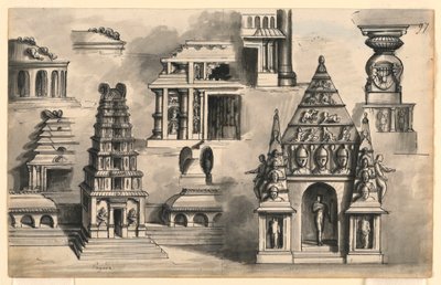 Scendesign, detaljer om indiska tempel av Romolo Achille Liverani