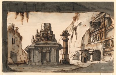 Scendesign, orientaliska byggnader bland grottor och klippor av Romolo Achille Liverani