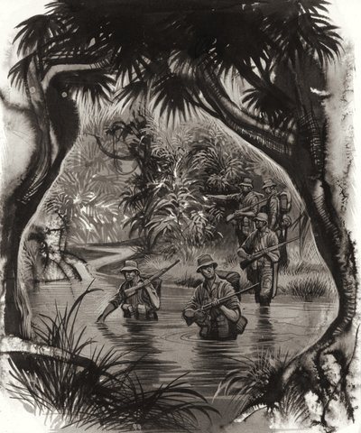 ANZAC-trupper korsar en djungelflod under en patrull under andra världskriget (gouache på papper) av Ron Embleton
