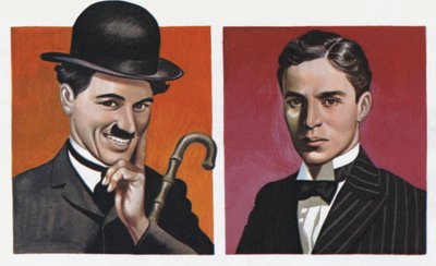 Charlie Chaplin, i kostym, och som han verkligen var (färglitografi) av Ron Embleton