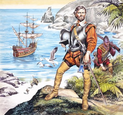 Francis Drake och den gyllene hinden (gouache på papper) av Ron Embleton