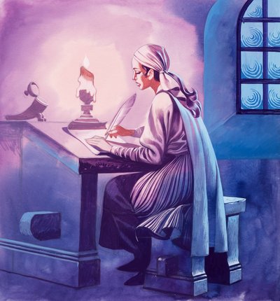 Girl Writing a Letter (gouache på papper) av Ron Embleton