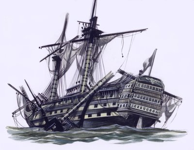 HMS Victory efter slaget vid Trafalgar, med bortskjuten mesantoppmast (gouache på papper) av Ron Embleton