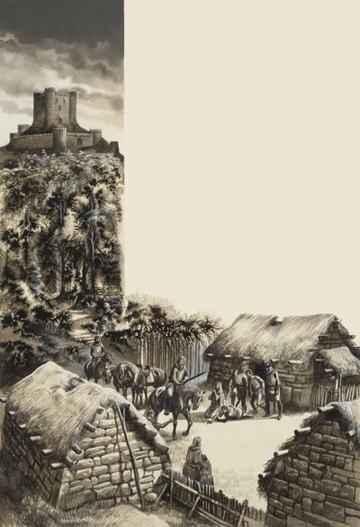 Medeltida by (gouache på papper) av Ron Embleton