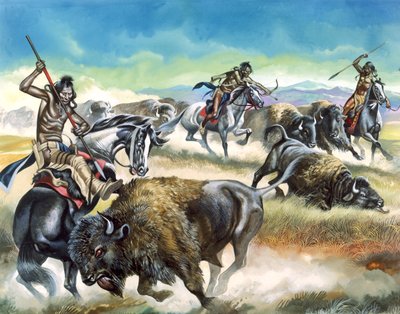 Indianer dödar amerikansk bison (gouache på papper) av Ron Embleton
