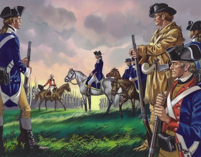General Cornwallis kapitulation inför den amerikanske befälhavaren vid Yorktown, Virginia den 19 oktober 1781 () (gouache på papper) av Ron Embleton