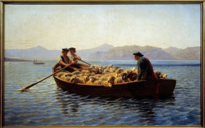Byte av bete. Herdar gick ombord på fårhjorden för att ta dem till den andra stranden. Målning av Rosa Bonheur (1822-1899) av Rosa Bonheur