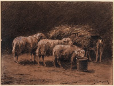 Ett par får och en bagge i ett stall av Rosa Bonheur