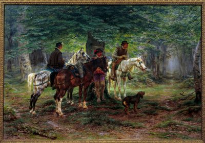 Ryttare överraskade av ett regn (1600-talet). I en skog tar män till häst skydd under ett träd och väntar på att regnet ska sluta falla. Målning av Rosa Bonheur (1822-1899) av Rosa Bonheur