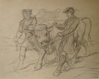 Två män med tjur av Rosa Bonheur, svart krita, Columbus Museum of Art av Rosa Bonheur