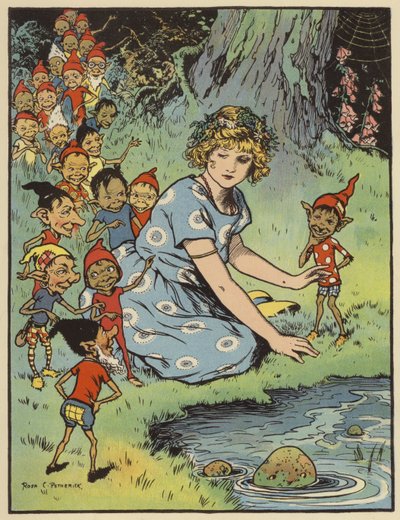 Flicka omgiven av nisser (färg litho) av Rosa Petherick