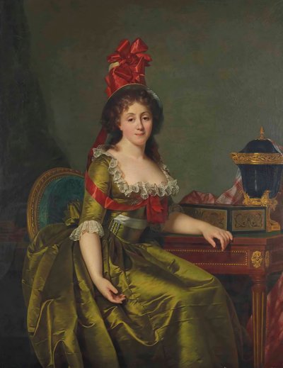 Porträtt av en dam, i en grön satinklänning och en huva med röda band. av Rose Adelaide Ducreux