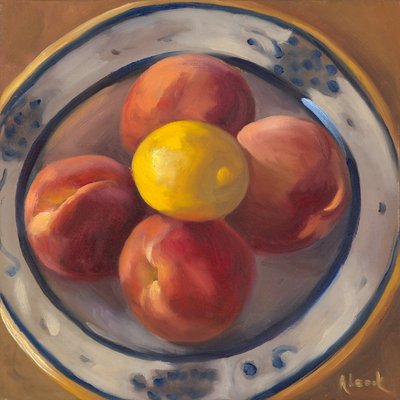 Peaches and Lemon, 2016 (olja på duk) av Rosemarie Adcock