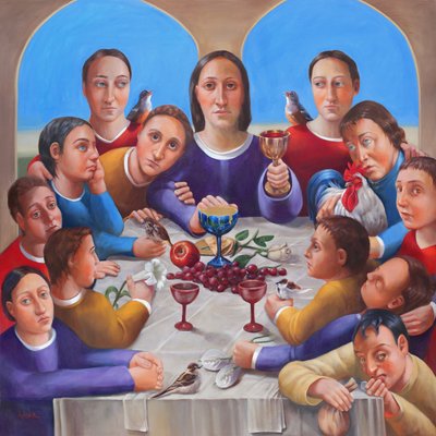 Nattvarden, 2018 (olja och bladguld på duk) av Rosemarie Adcock