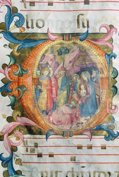Corale / Graduale no.5 Historikert initial "O" som visar tillbedjan av männen av Rossello Franchi