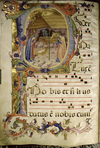 Corale / Graduale nr.5 Historikerad initial "P" som visar födelsekyrkan av Rossello Franchi
