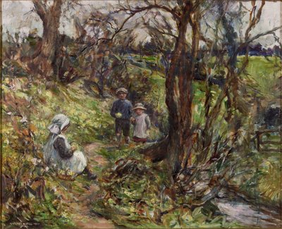 The Primrose Gatherers (olja på duk) av Rowland Henry Hill