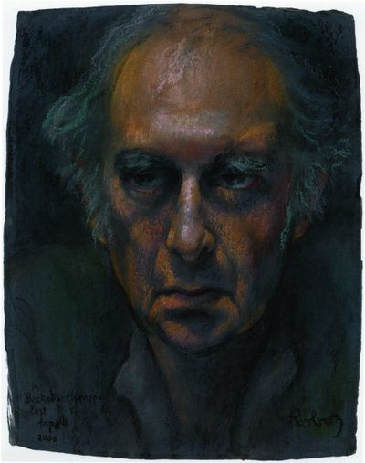 Harold Pinter i Samuel Becketts enakts monologpjäs Krapps sista band porträtt av Zsuzsi Roboz i pastellfärger c av Rudolf Eichstaedt