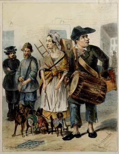 A Servant Takes The Dogs Out - Konstverk av Rudolf Kasimirovich Zhukovsky (1814-1886), akvarell och tusch på papper av Rudolf Kasimirovich Zhukovsky
