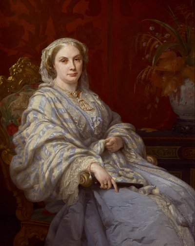 Porträtt av Louisa, hustru till Algernon, 6:e hertigen av Northumberland, tre fjärdedels längd, iklädd en blå klänning och blå-vitrandig sjal av Rudolf Lehmann