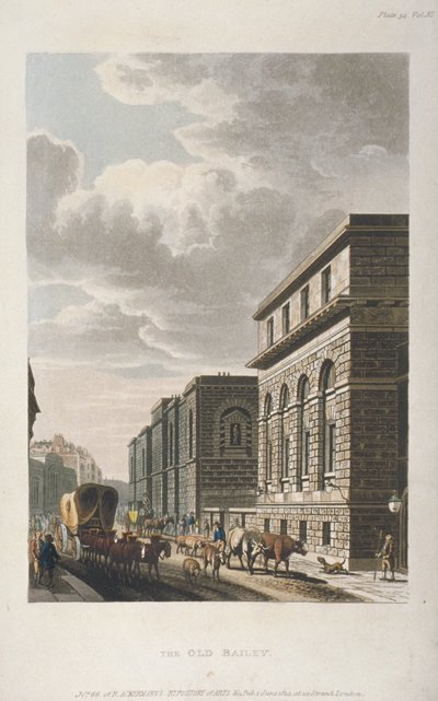 Utsikt över Old Bailey, norrut, City of London, 1814 av Rudolph Ackermann