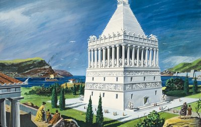 Mausoleet i Halikarnassos, färdigställt 353 f.Kr. (gouache på papper) av Ruggero Giovannini