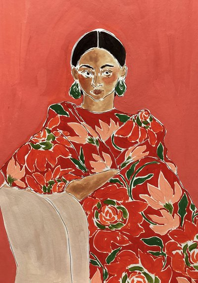 Ett livfullt modeporträtt av Rushati Chowdhury