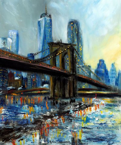 Brooklyn Bridge med utsikt över Manhattan, 2022 (olja på duk) av Ruslana Levandovska