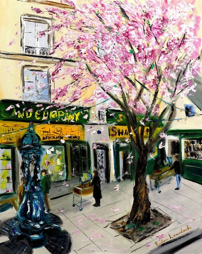 Körsbärsblommor på Shakespeare and Co Paris - med guldutsmyckning, 2023 (olja på duk) av Ruslana Levandovska