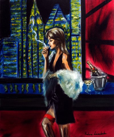 Lady in the City Night, 2025 (olja på duk) av Ruslana Levandovska