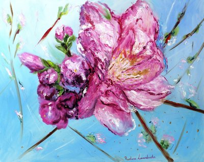 Rosa körsbärsblommor, med guldutsmyckning, 2023 (olja på duk) av Ruslana Levandovska