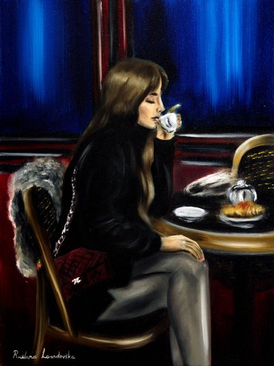 Kvinna på ett café i Paris II, 2024 (olja på duk) av Ruslana Levandovska
