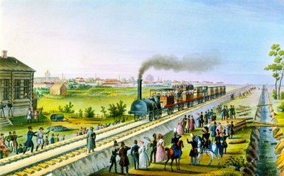 Öppnande av den första järnvägslinjen från St Petersburg till Pavlovsk, Ryssland, 1830-talet. av Russian Master