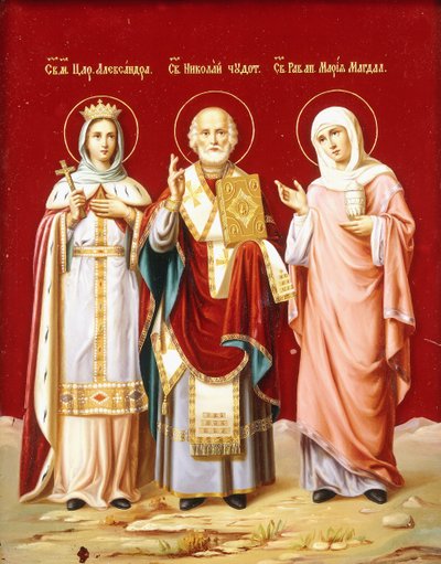 En ikon målad på glas föreställande Sankt Nikolaus, Sankt Alexandra och Maria Magdalena, ca 1900 av Russian School